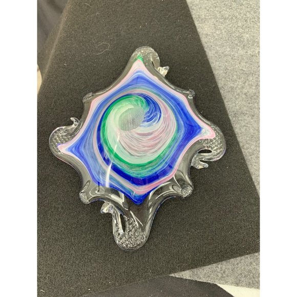 Murano Blown Glass Candy Dish Blue Green Pink Swirl on Clear - Picture 6 of 6